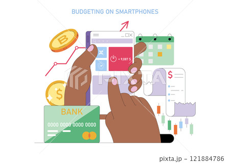 Financial Technologies concept. Smartphone displaying budget management tools and cryptocurrency, alongside credit card and financial charts. Mobile banking and investment tracking. Vector Financial Technologies concept. Smartphone displaying budget management tools and cryptocurrency, alongside credit card and financial charts. Mobile banking and investment tracking. Vector 121884786
