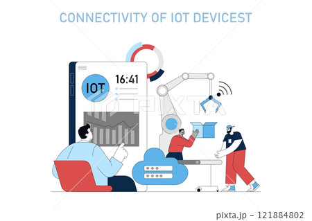 Production Automation concept. Illustration showcasing seamless connectivity between IoT devices, robots, and humans in modern manufacturing. Vector illustration. Production Automation concept. Illustration showcasing seamless connectivity between IoT devices, robots, and humans in modern manufacturing. Vector illustration. 121884802