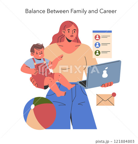 Work-life balance illustration. A multitasking woman balancing child-rearing with a professional career. Motherhood challenges, remote work, family priorities. Vector illustration. Work-life balance illustration. A multitasking woman balancing child-rearing with a professional career. Motherhood challenges, remote work, family priorities. Vector illustration. 121884803
