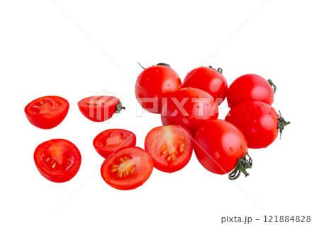 Red ripe tomatoes with water drops isolate on white. Red ripe tomatoes with water drops isolate on white. 121884828