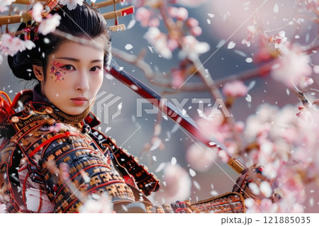 Female samurai warrior wearing ornate armor and holding katana under cherry blossoms Female samurai warrior wearing ornate armor and holding katana under cherry blossoms 121885035