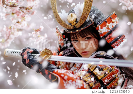 Female samurai warrior wielding katana with falling cherry blossoms 121885040
