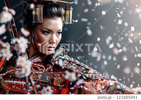 Female samurai warrior wielding katana with falling cherry blossoms 121885041