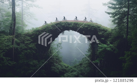 Innovative riders navigating elevated pathways through lush forest landscapes in misty weather with electric bikes and scooters 121885296