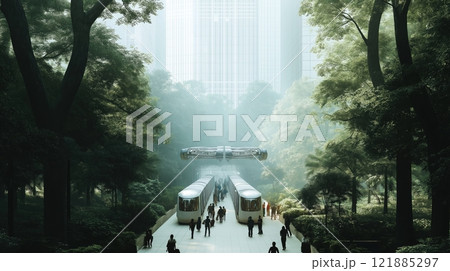Futuristic transportation hub featuring bullet trains and flying pods amidst towering skyscrapers and greenery in a bustling urban environment 121885297