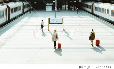 Passengers engage with holographic screens for travel information and ticket purchases in a busy train station during daylight 121885333