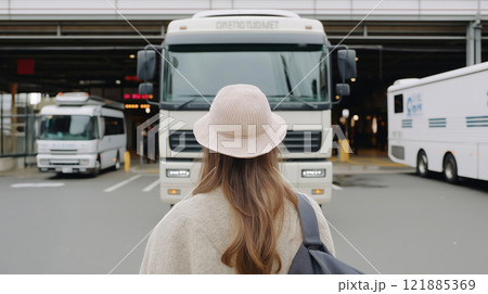 Woman with knit hat and backpack facing parked buses at a transit station. Urban travel, transportation, solo journey, and exploration themes 121885369