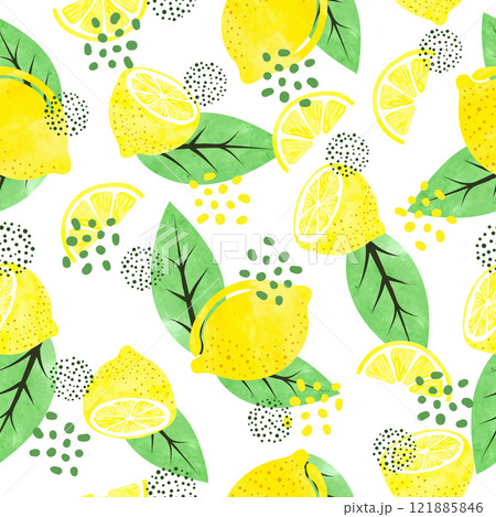 Seamless watercolor lemon pattern with fruits and leaves Seamless watercolor lemon pattern with fruits and leaves 121885846