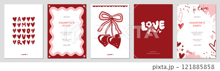 Valentine's Day greeting card, poster set. Trendy romantic vintage naive style hand drawn hearts pattern, love you calligraphy. Vector illustration in pink, red color. Party invitation template design 121885858