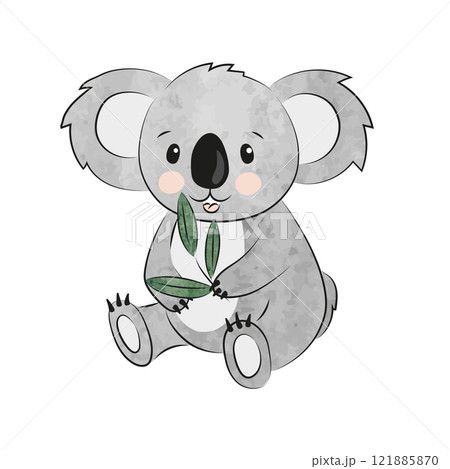 Cute cartoon koala eating eucalyptus. Vector watercolor illustration Cute cartoon koala eating eucalyptus. Vector watercolor illustration 121885870