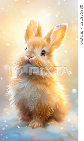 A fluffy rabbit with bright eyes sits quietly in the snow. 121885880