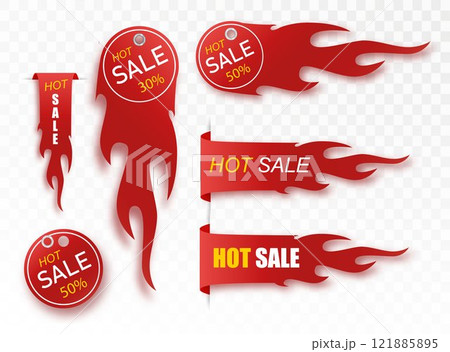 Flat linear promotion fire banner, price tag, hot sale, offer, price. Vector illustration set Flat linear promotion fire banner, price tag, hot sale, offer, price. Vector illustration set 121885895