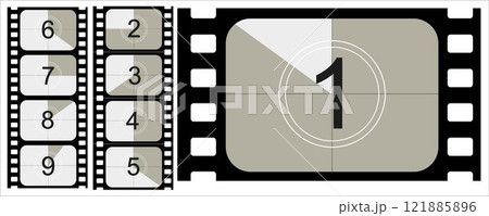 Movie countdown, vintage silent film and blank full frame still photography film realistic thirty five millimeters proportions, set of icons 121885896