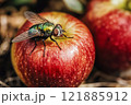 Green dung fly sits on an red apple close up 121885912