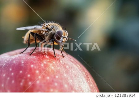 Fly sits on an red apple close up 121885914