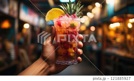A vivid fruit cocktail with pineapple and berries held in a bustling market scene, perfect for summer, tropical, or street food-themed visuals 121885927