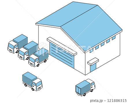 物流倉庫とトラックが並んだイラスト 121886315
