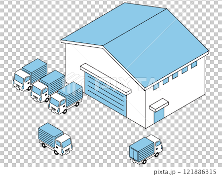 物流倉庫とトラックが並んだイラスト 121886315