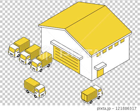 Illustration of a logistics warehouse and trucks lined up Illustration of a logistics warehouse and trucks lined up 121886317