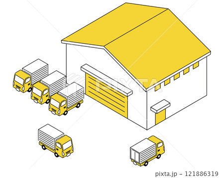 物流倉庫とトラックが並んだイラスト 物流倉庫とトラックが並んだイラスト 121886319