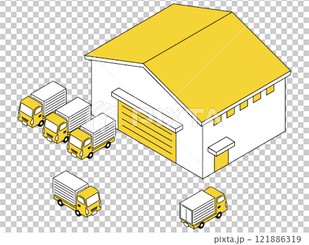 物流倉庫とトラックが並んだイラスト 物流倉庫とトラックが並んだイラスト 121886319