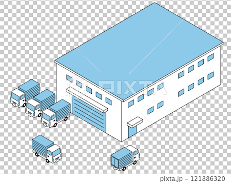Illustration of a logistics warehouse and trucks lined up 121886320