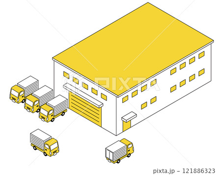 物流倉庫とトラックが並んだイラスト 121886323