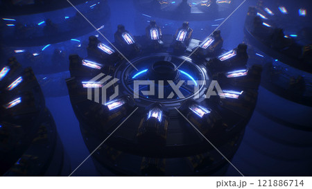 futuristic laboratory with cryocapsules with sleeping peoples. Cryo sleep future concept. 3d rendering. 121886714