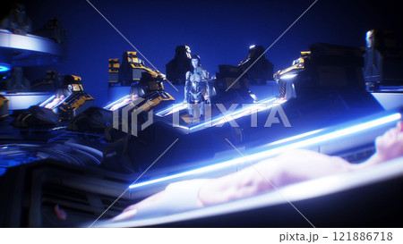 futuristic female robot in laboratory with cryocapsules with sleeping peoples. Cryo sleep future concept. 3d rendering. 121886718