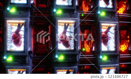 Growing a heart in a futuristic capsule. genetic engineering concept. futuristic laboratory. 3d rendering. Growing a heart in a futuristic capsule. genetic engineering concept. futuristic laboratory. 3d rendering. 121886727