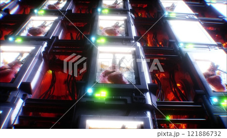 Growing a heart in a futuristic capsule. genetic engineering concept. futuristic laboratory. 3d rendering. Growing a heart in a futuristic capsule. genetic engineering concept. futuristic laboratory. 3d rendering. 121886732