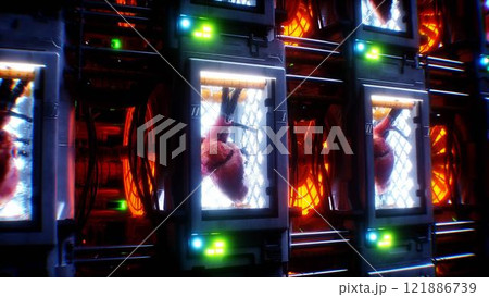 Growing a heart in a futuristic capsule. genetic engineering concept. futuristic laboratory. 3d rendering. 121886739