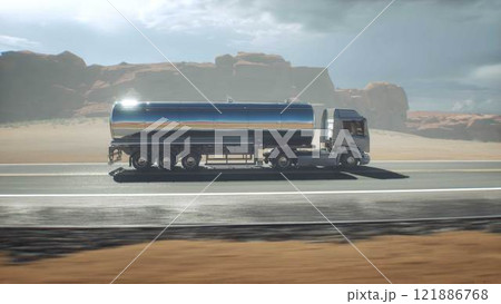 Generic 3d model of gasoline truck very fast driving on desert highway. Gas, oil concept. 3d rendering. Generic 3d model of gasoline truck very fast driving on desert highway. Gas, oil concept. 3d rendering. 121886768
