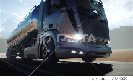 Generic 3d model of gasoline truck very fast driving on desert highway. Gas, oil concept. 3d rendering. 121886802