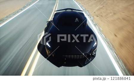 Futuristic black electric sport car very fast driving on desert highway. Futuristic concept. 3d rendering. Futuristic black electric sport car very fast driving on desert highway. Futuristic concept. 3d rendering. 121886841