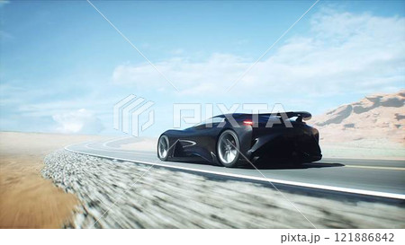 Futuristic black electric sport car very fast driving on desert highway. Futuristic concept. 3d rendering. Futuristic black electric sport car very fast driving on desert highway. Futuristic concept. 3d rendering. 121886842