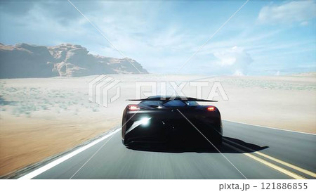 Futuristic black electric sport car very fast driving on desert highway. Futuristic concept. 3d rendering. Futuristic black electric sport car very fast driving on desert highway. Futuristic concept. 3d rendering. 121886855