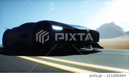 Futuristic black electric sport car very fast driving on desert highway. Futuristic concept. 3d rendering. Futuristic black electric sport car very fast driving on desert highway. Futuristic concept. 3d rendering. 121886864