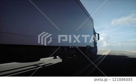 White delivery generic truck on desert highway. Very fast driving. Delivery concept. 3d rendering. 121886885