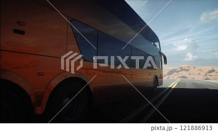 Touristic bus very fast driving on desert highway. Tourism, travel concept. 3d rendering. Touristic bus very fast driving on desert highway. Tourism, travel concept. 3d rendering. 121886913