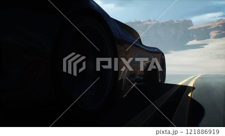 Futuristic black electric sport car very fast driving on desert highway. Futuristic concept. 3d rendering. 121886919