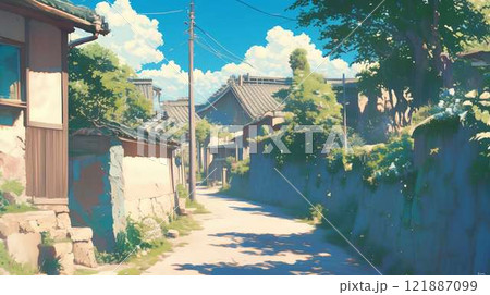 田舎の夏の小道｜青空と緑に包まれたノスタルジックな風景のイラスト