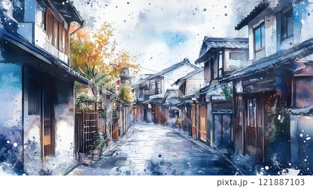 日本の古い町並みと自然が調和した風景　油絵　風景画 古い街並みにはドライブラシ！ ／ 和歌山県・湯浅町 【透明水彩