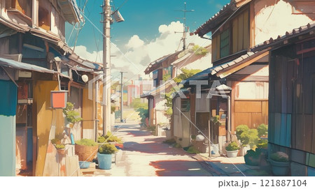 夏空と昭和レトロな街並み｜静かな日本の住宅街の風景のイラスト素材