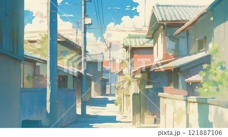 静かな夏の日の路地裏｜青空と日本の下町風景 121887106