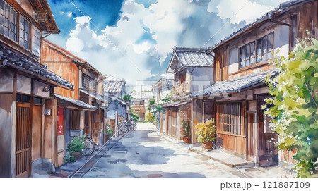 古民家が並ぶ日本の静かな路地|青空とノスタルジックな街並み風景 古民家が並ぶ日本の静かな路地|青空とノスタルジックな街並み風景 121887109