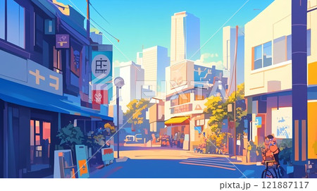 夕陽に染まる街並み|下町風の商店街と近代的な高層ビルが織りなす風景 夕陽に染まる街並み|下町風の商店街と近代的な高層ビルが織りなす風景 121887117