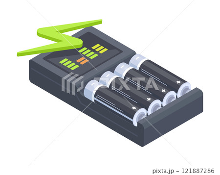 Isometric alkaline accumulators. Batteries in charger, power electricity elements flat vector illustration. Electricity charging batteries on white background 121887286