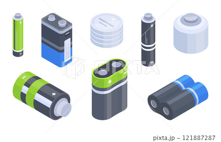 Isometric battery cell. Rechargeable alkaline accumulators, powering electronic devices, power supplies for compact devices flat vector illustration set. Various batteries on white 121887287