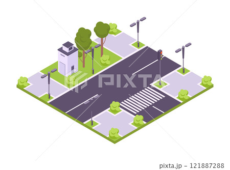 Isometric city crossroad. Street road with traffic lights, road sign posts and trees 3d vector illustration. Urban city road scene Isometric city crossroad. Street road with traffic lights, road sign posts and trees 3d vector illustration. Urban city road scene 121887288